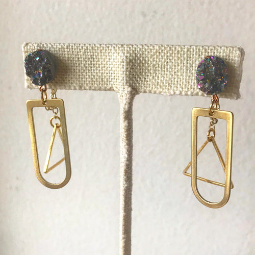 Rainbow Druzy Agate and Brass Earrings