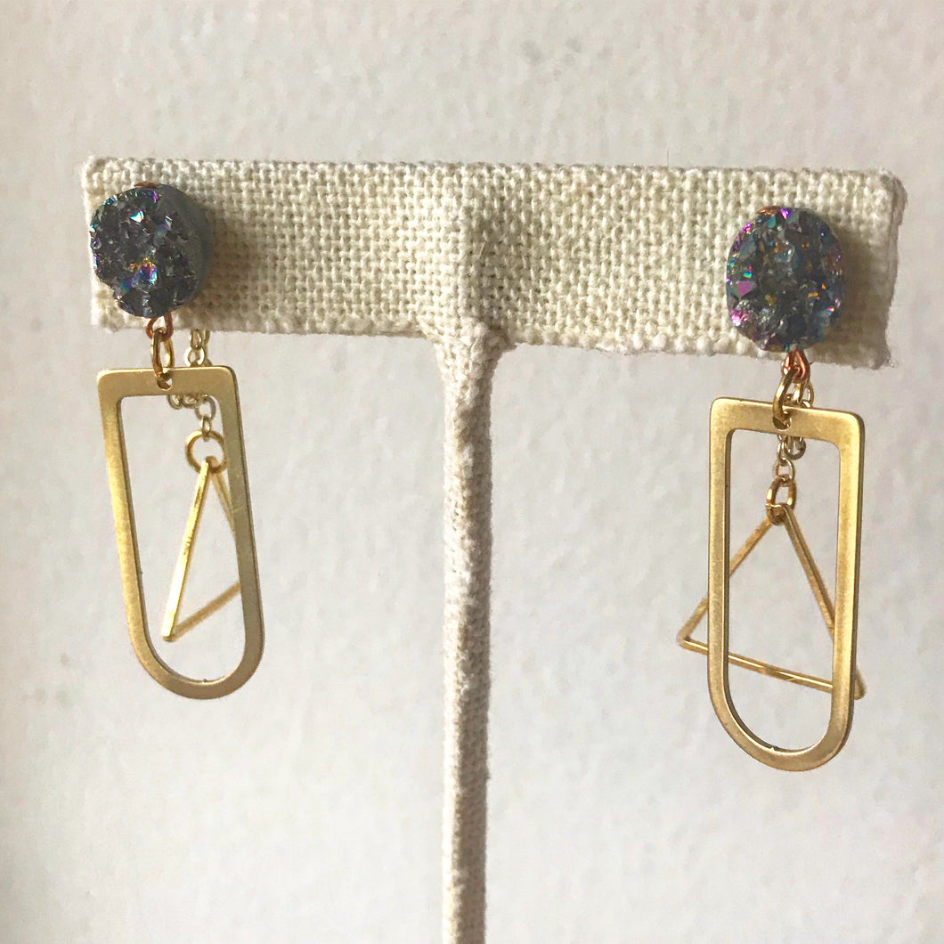 Rainbow Druzy Agate and Brass Earrings