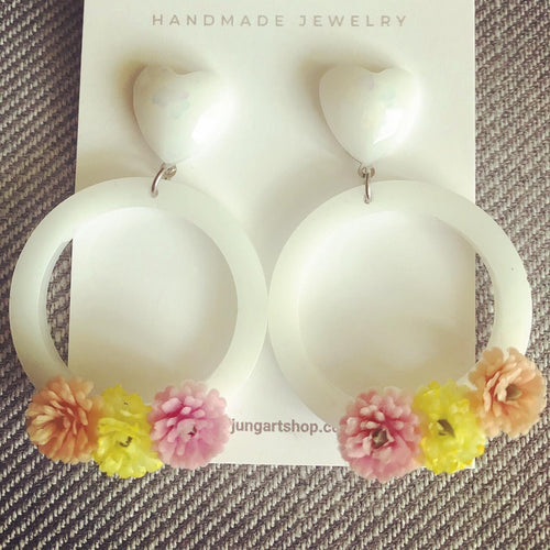 White Floral Hoops with Holographic Glitter Studs