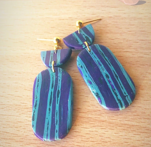 Purple and Teal Woodgrain Look Clay Earrings