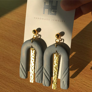 Charcoal Gray Arch with Textured Brass Earrings