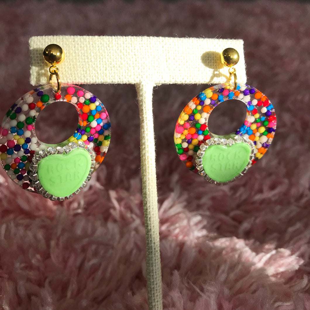 Green Rock Star Candy Heart Earrings