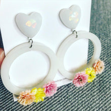 Load image into Gallery viewer, White Floral Hoops with Holographic Glitter Studs